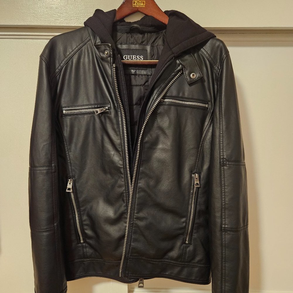 GUESS Men's Faux-Leather Detachable-Hood Motorcycle Jacket